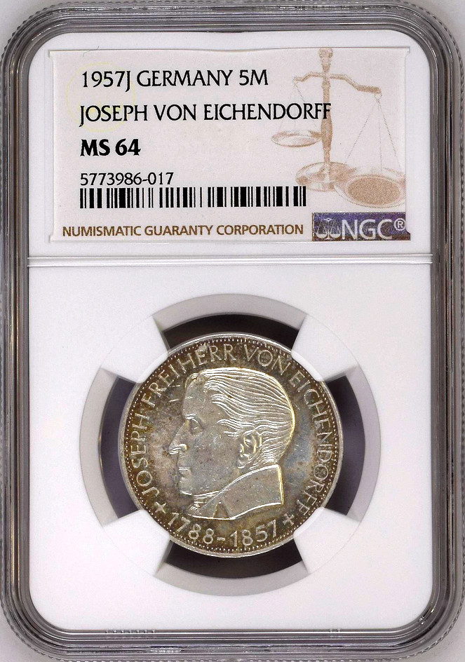 Niemcy, RFN. 5 Marek 1957 J Eichendorff NGC MS64 - RZADKIE